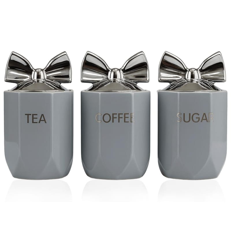 BML Ceramic Tea Coffee Sugar Canisters Set, Airtight Kitchen Storage Jars, Decorative Countertop Canister Set with Silver Bow Lids