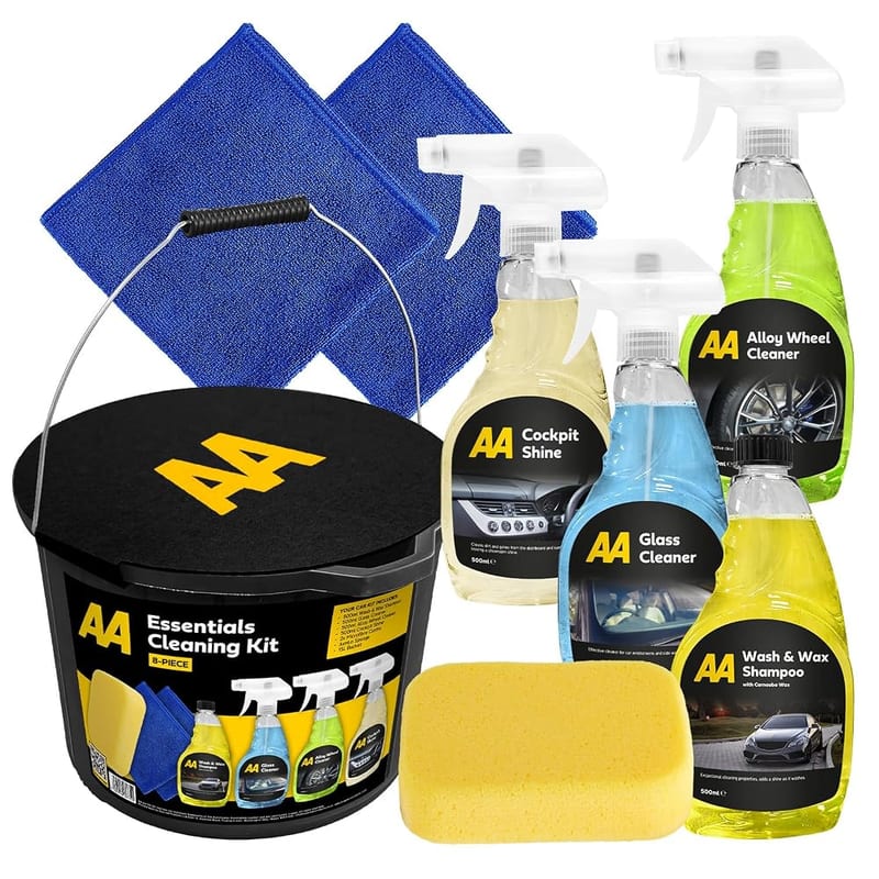 AA Car Cleaning Kit, 8-Piece Set with 4 Cleaners, Microfibre Cloths, Sponge and Bucket