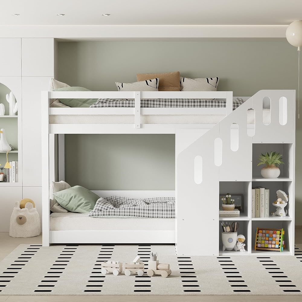 Kayan Bunk Bed for Kids, Bunk Bed with Stairs and Storage Cabinets, Multifunctional Children's Bed Cabin Bed Single Bed for 2 Kids, Twin Sleeper 190x90cm, Solid Pine Wood, 3FT, White
