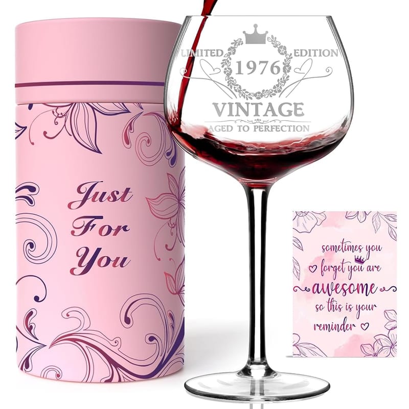 50th Birthday Gifts for Women, 1976 Engraved Wine Glass in Gift Box, 475ml – Elegant Gift Box and Card, Keepsake for Mum, Daughter, Sister or Friend