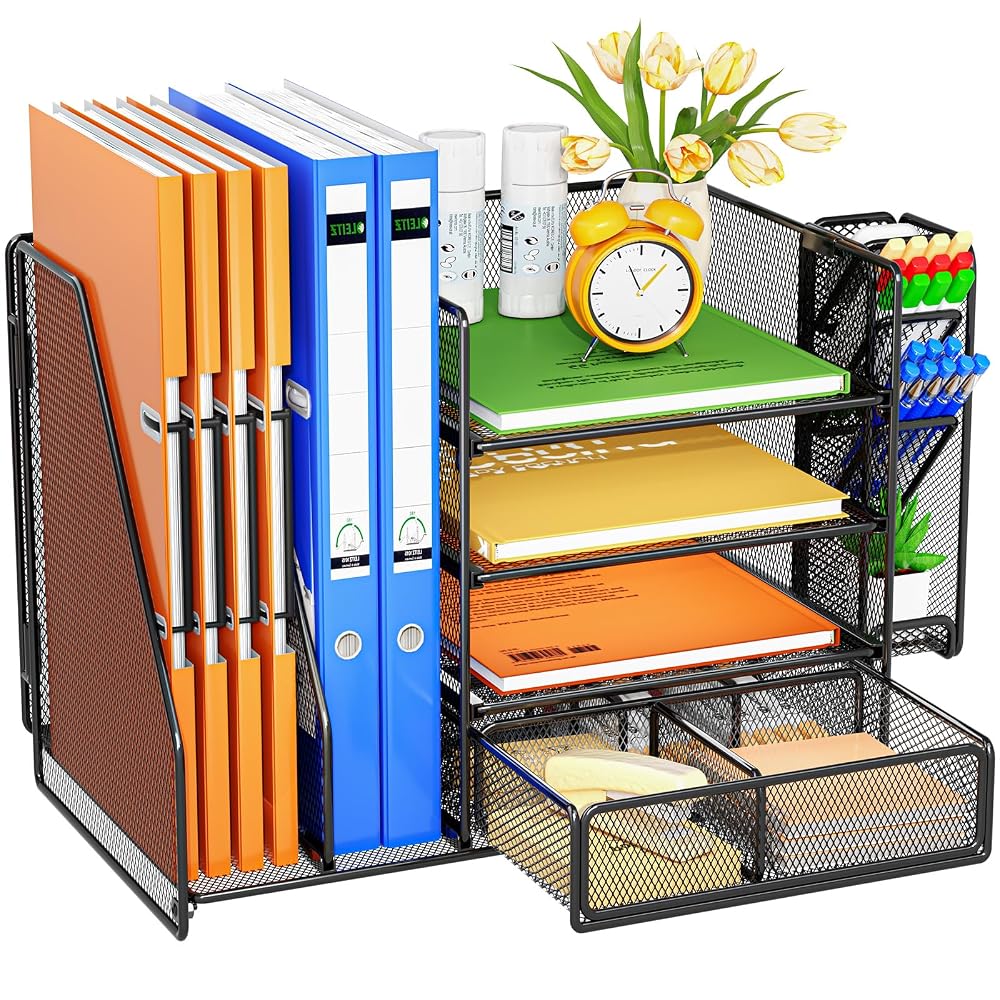 OrderlyGo Desk Organiser File Holder, 5-Tier Paper Letter Tray with Drawer & Pen Holder, Black