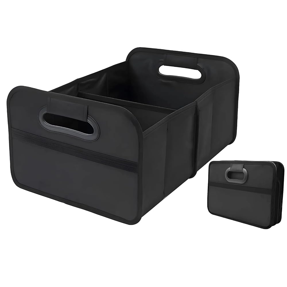 XIAOHILL Foldable Car Boot Organiser - Reinforced Base, Waterproof Multi-Compartment Storage Box for Car, SUV & Lorry - Space-Saving Black Collapsible Boot Tidy with Handles