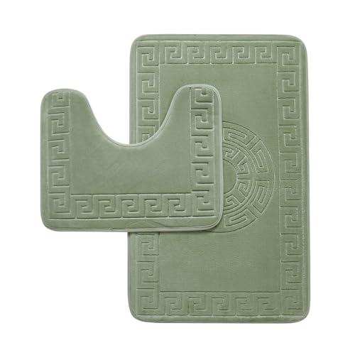 GC GAVENO CAVAILIA Memory Foam Bath Mat Non Slip - Extra Soft Highly Water Absorbent Bathroom Mat Sets 2 Piece - Greek Toilet Rug (50 x 80 cm) & Pedestal Set (50 x 40 cm) - Washable - Sage Green