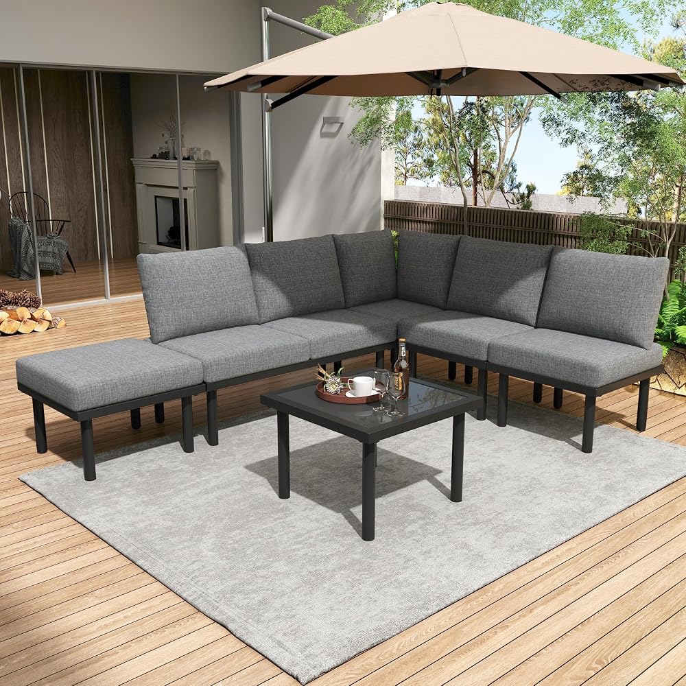 Merax Rattan Garden Corner Sofa Set - 3-Piece Patio Furniture Set with Table