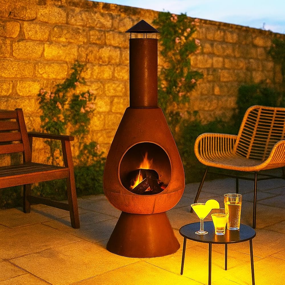JSH Large Modern Outdoor Fire Chiminea, 110cm Tall Log Burner Patio & Garden Heater, Rust