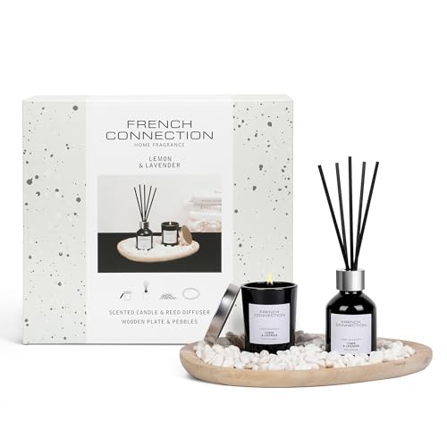 French Connection Home Fragrance Gift Set | Scented Candle & Reed Diffuser with Wooden Plate & Pebbles | Luxury Aromatherapy Set | (Lemon & Lavender)