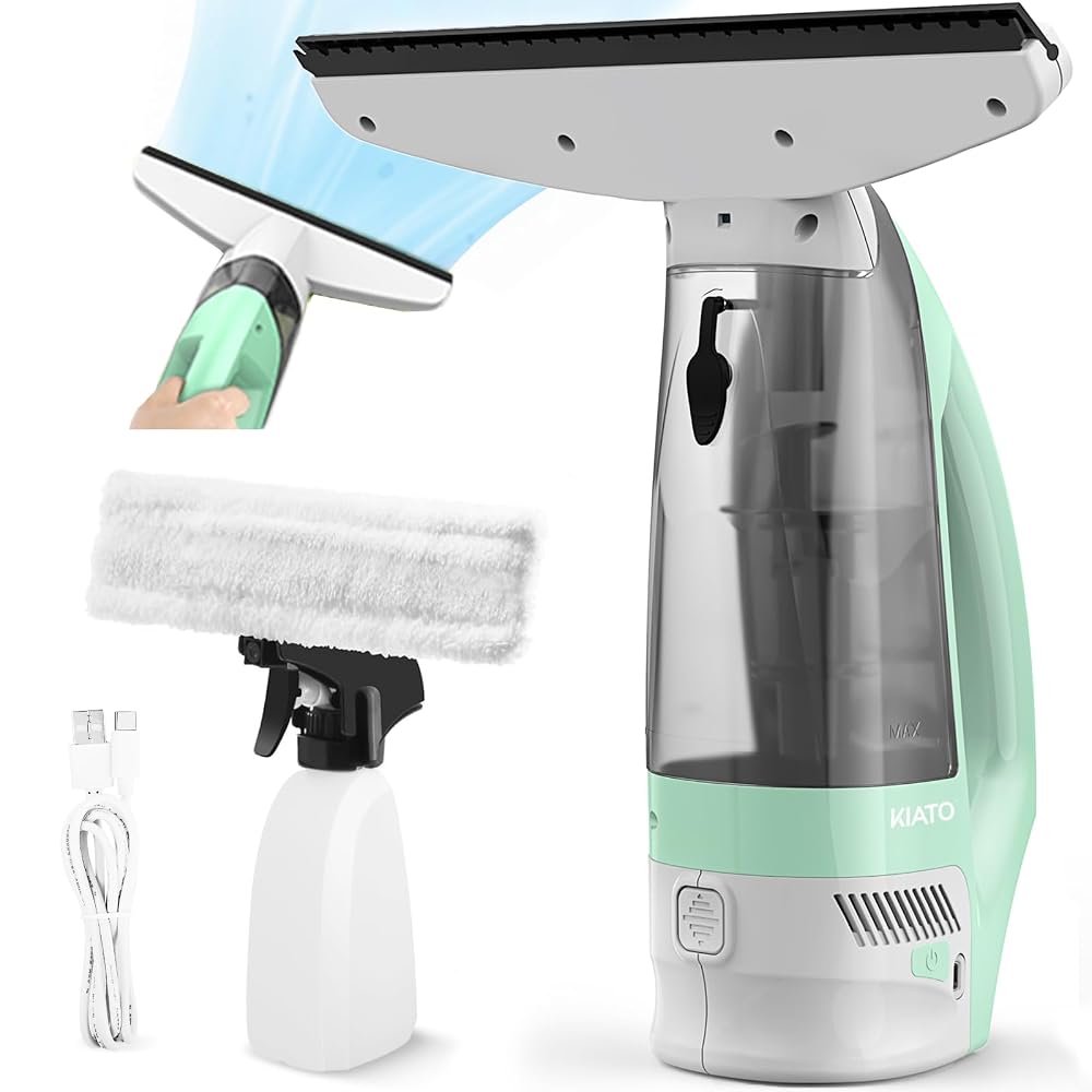 Kiato WC10 Window Vacuum Squeegee Cordless, Electric Window Vac, Rechargeable Window Cleaner with Spray Bottle, 2200mA