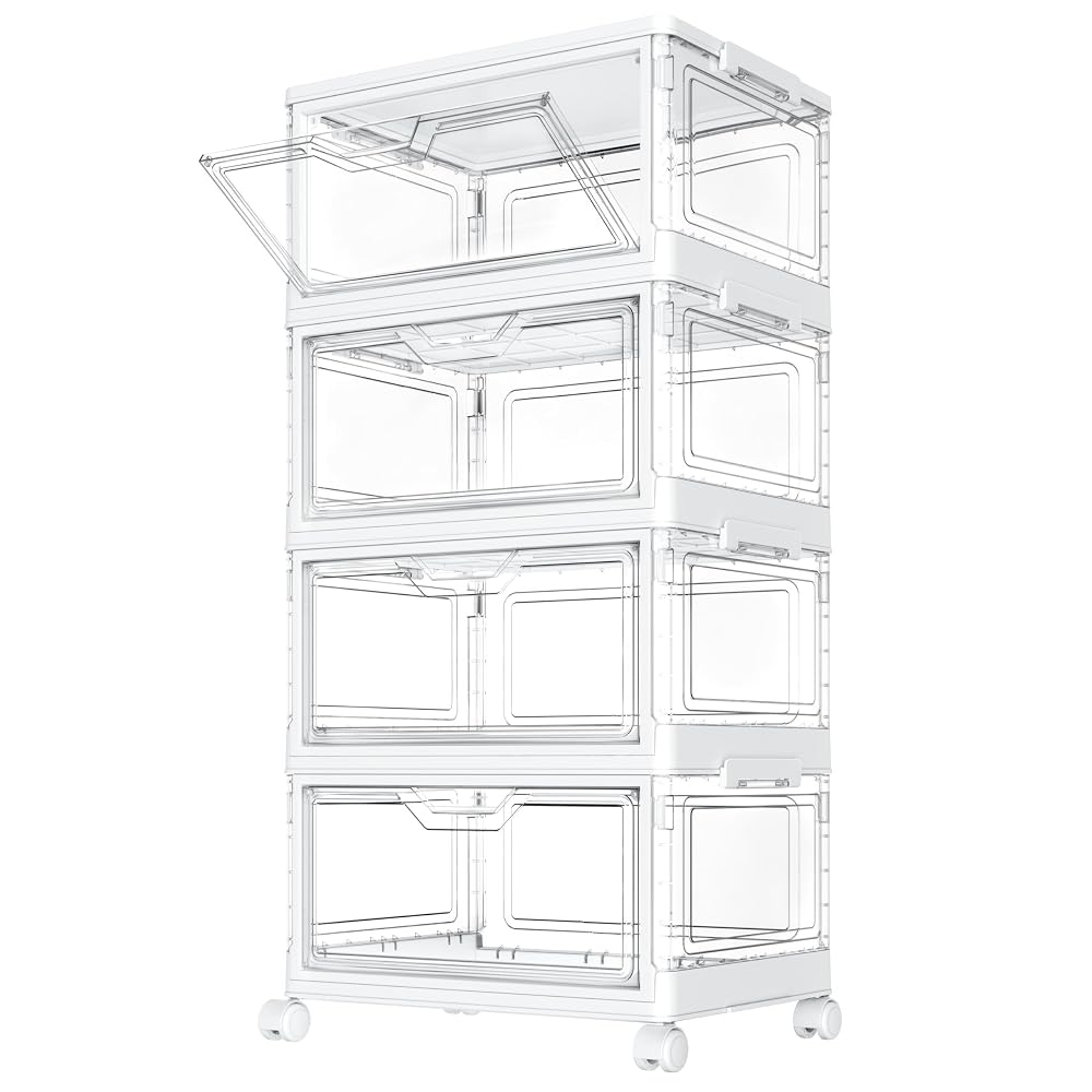 StowBin Storage Boxes with Lid, 23L x 4 Tier Clear Stackable Storage Boxes with Wheels