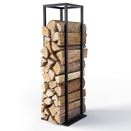 VOUNOT® Vertical Firewood Log Rack, Metal Log Store, Compact & Stable Firewood Log Holder for Indoor and Outdoor, 33 x 33 x 112 cm, Black