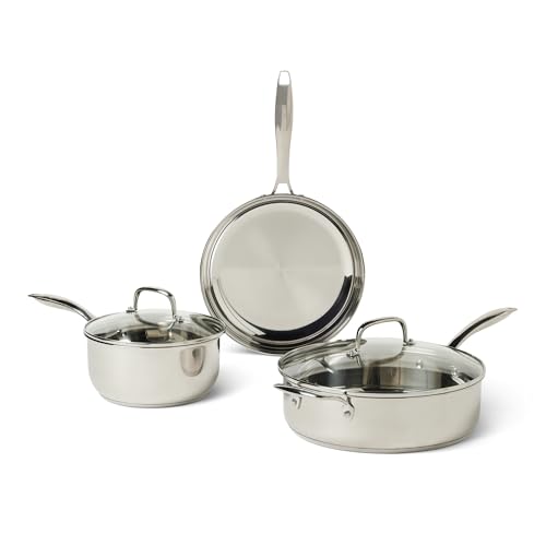 Amazon Basics 5-Piece Stainless Steel Cookware Set, Pots and Pans with Lids, Induction Compatible, Oven-Safe up to 260°C, Dishwasher-Safe