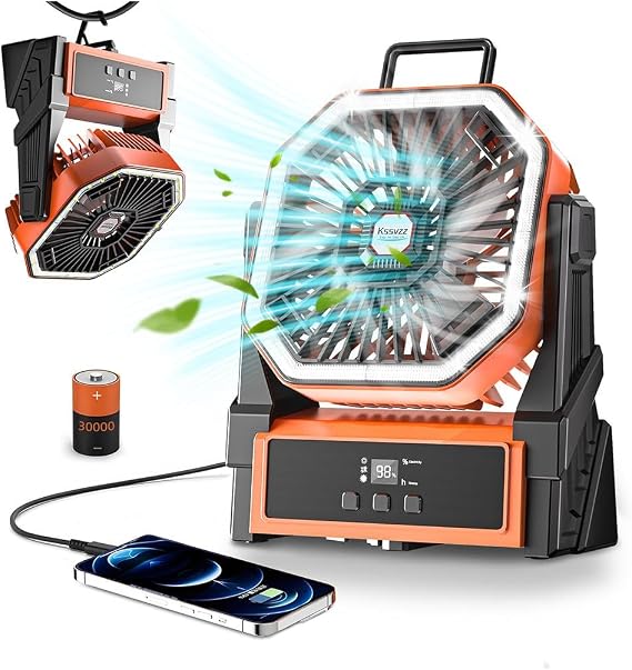 Kssvzz Portable Camping Fan, 30000mAh Rechargeable Battery Powered Fans | 4 Speed Quiet USB Table Fan with LED, 270° Pivot, Battery Operated Tent Fans for Travel, Picnic, Hiking, Fishing