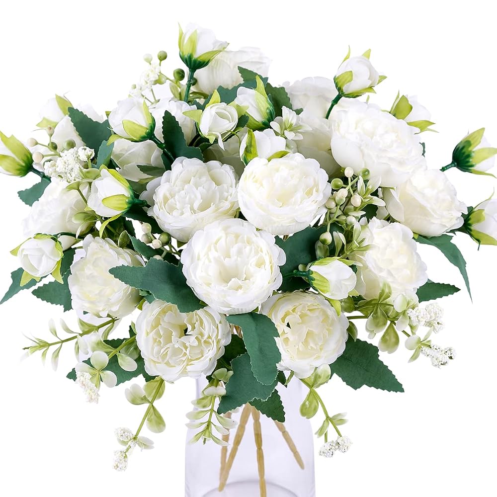 Floweroyal 2 Bunches Artificial Peony Flowers, Fake Silk Peonies for Home Table and Vase Arrangements