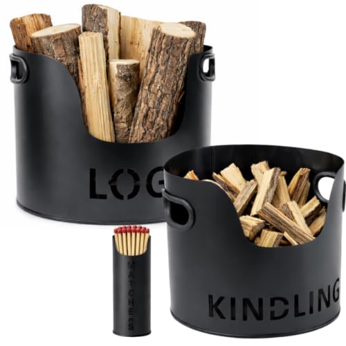 Premium Black Metal Log Holder, Kindling & Matchstick Holder Set – Stylish Fireside Accessories for Home Fireplace & Wood Burner – Indoor Firewood Storage & Fire Equipment Organizer