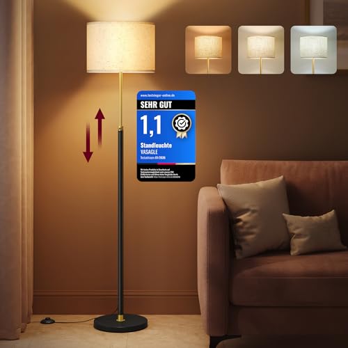 VASAGLE Floor Lamp for Living Room, Adjustable Height 140-170 cm, Modern Standing Lamp with Foot Switch, Fabric Lampshade, E27 Socket, Gold and Black LFL002B03