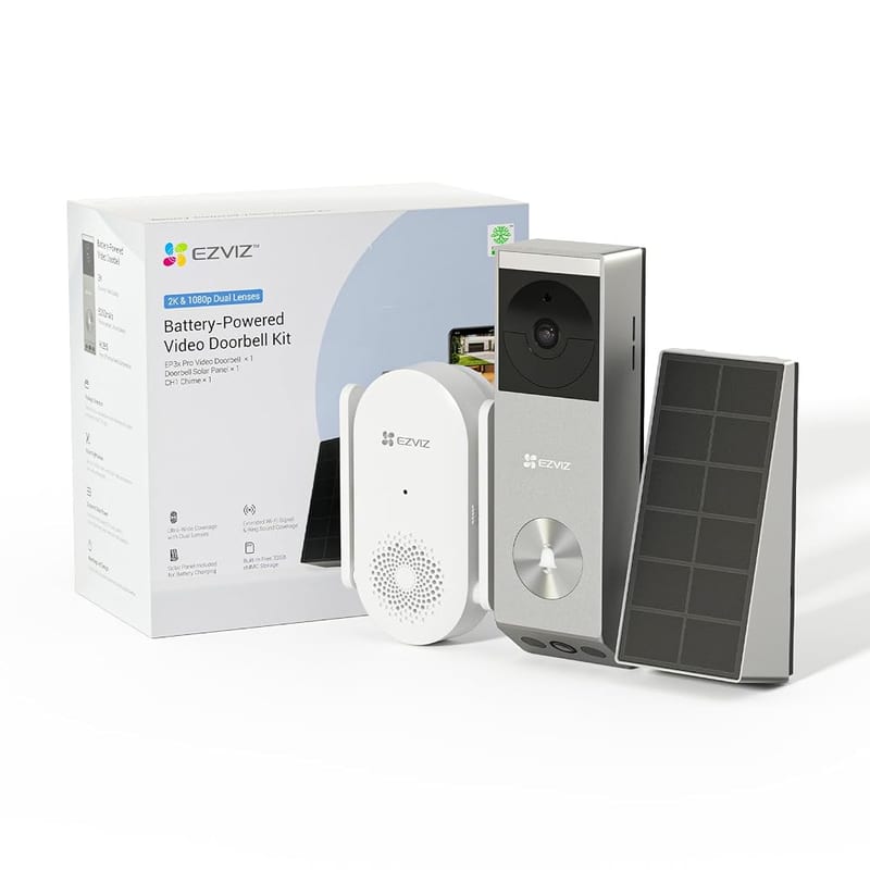 EZVIZ 2K Video Doorbell Camera Wireless, 2.4GHz Wi-Fi, No Subscription, AI Human & Package Detection, Colour Night Vision, 5200mAh Battery with Solar Panel, IP65 Waterproof (EP3X Pro Chime Kit)