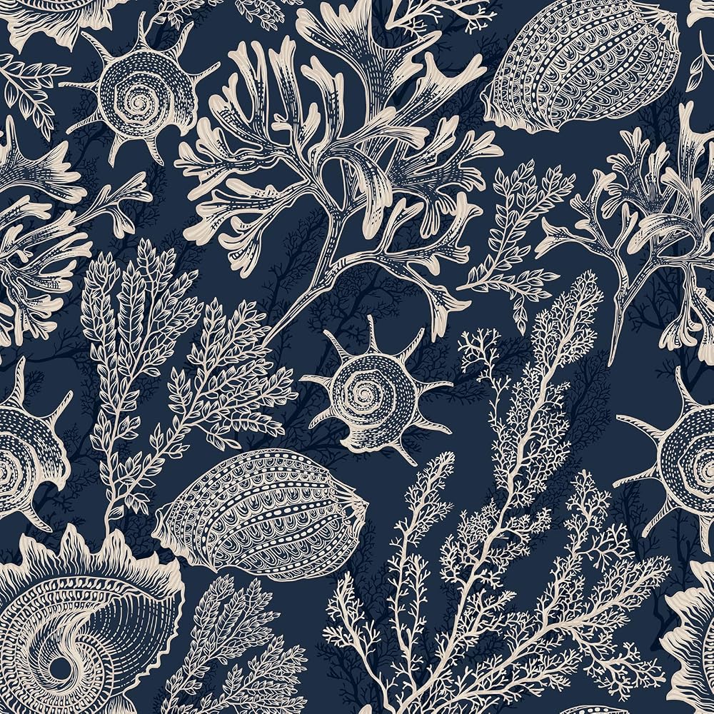 FunStick Dark Blue Wallpaper Peel and Stick Marine Life Sea Coral Conch Sticky Back Plastic Bathroom Roll Self Adhesive Wallpaper Blue Pattern Under The Sea Vinyl Wrap for Bedroom Walls 44.5CMx3M