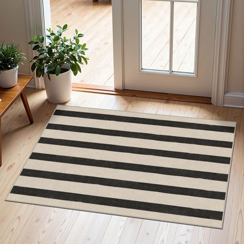 Othilic Black and White Striped Outdoor Rug – 5 ft x 7.6 ft, Non-Slip Mat for Outdoor, Washable, for Indoor and Outdoor, Entrance Rug, Small Layered Rugs for
