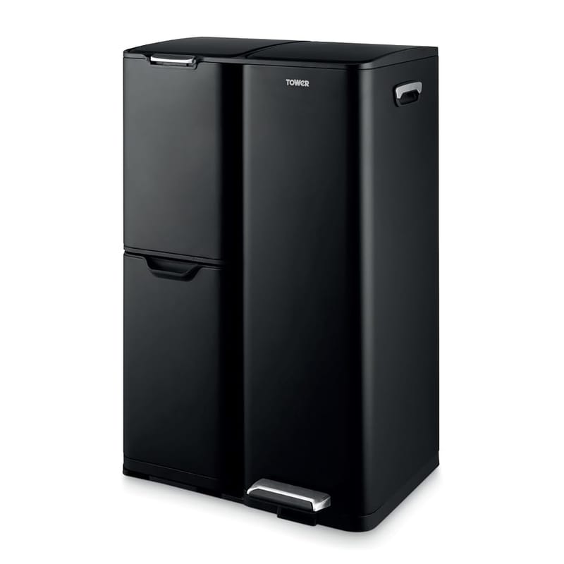 Tower Recycling Pedal Bin, Three Individual Compartments with Removable Inner Buckets, Carbon Steel Body, 60L, Black