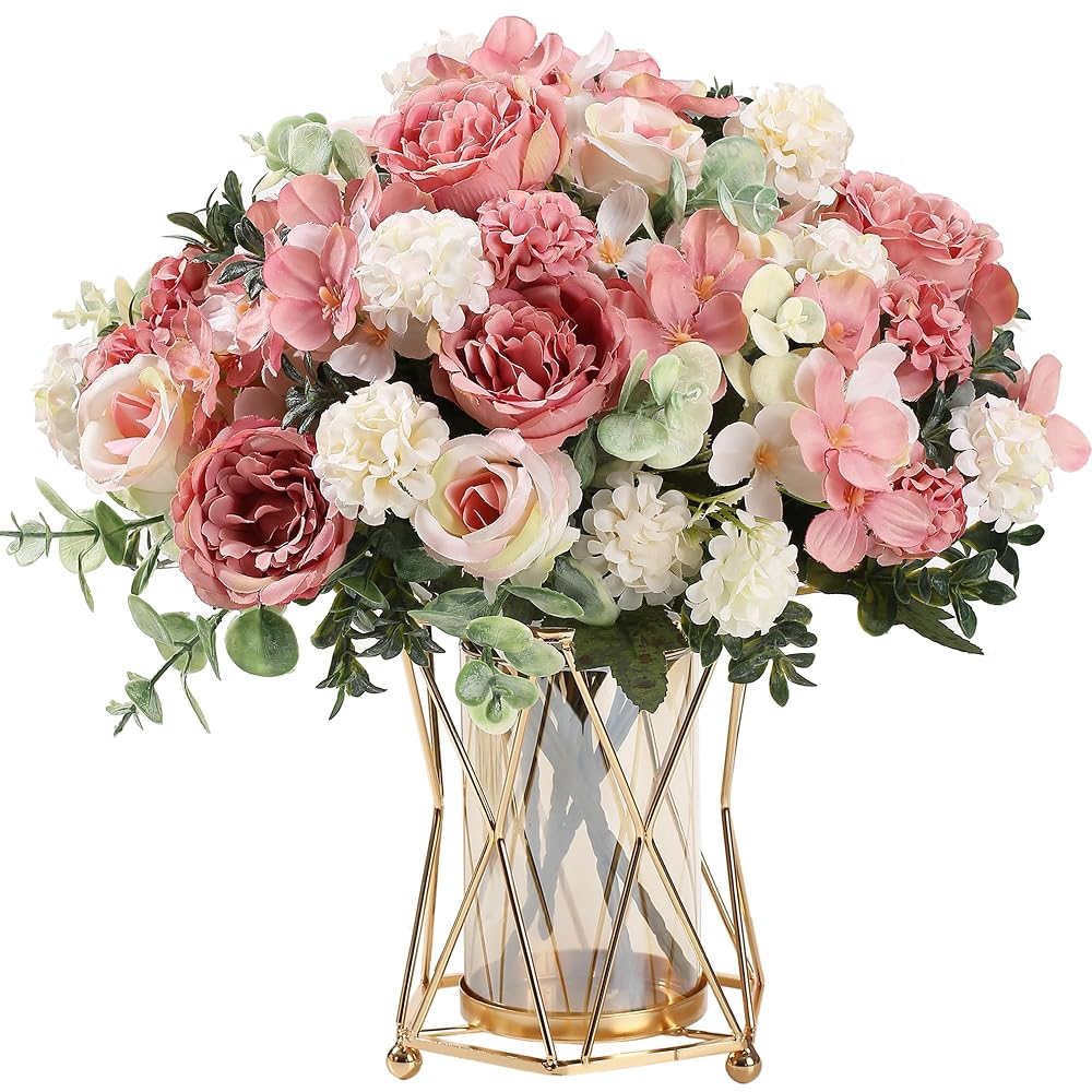 HNVNER 2 Bunches Pink Peonies Artificial Flowers, Fake Silk Peony Stems for Vases and Home Décor