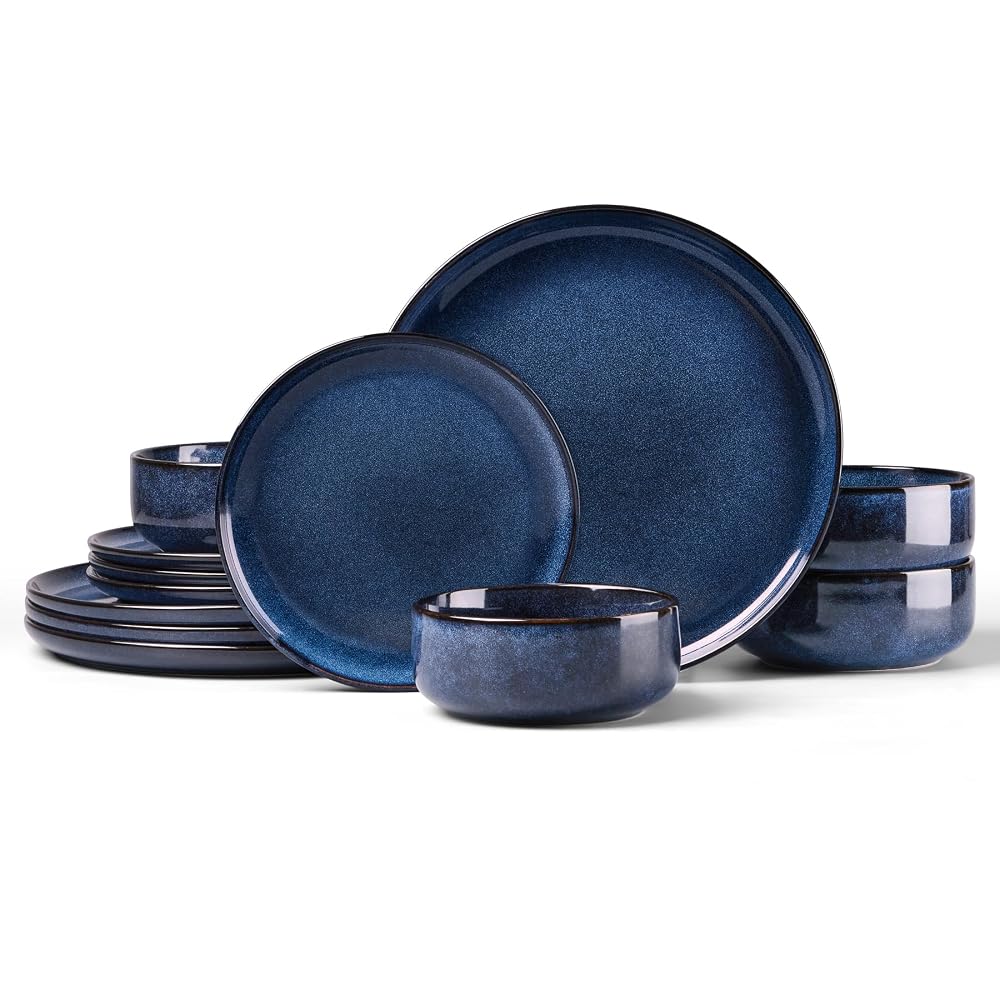 HaWare Dinner Set, 12 Piece Stoneware Dinnerware Service for 4, Reactive Glaze Dining Ware Include Plates and Bowls, Chip and Scratch Resistant, Nebulas Blue