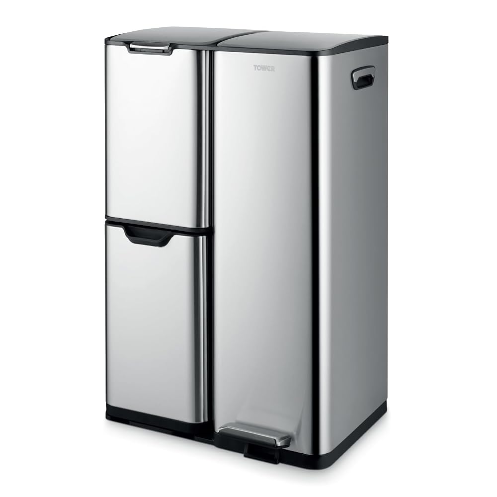 Tower Recycling Pedal Bin, Three Individual Compartments with Removable Inner Buckets, Carbon Steel Body, 60L, Silver