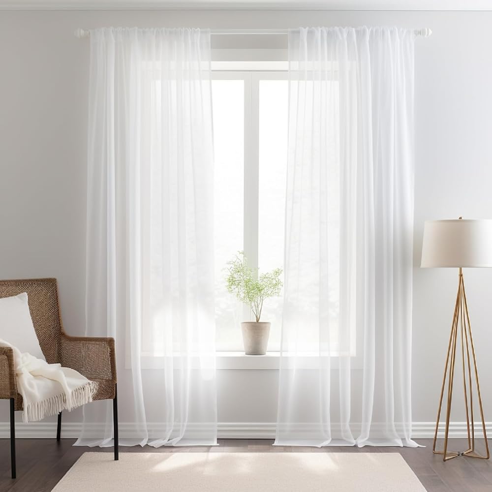 NAKIHOUSE Voile Curtains, Light Filtering Sheer Voile Panel Slot Top for Living Room Bedroom, White, 132x114cm