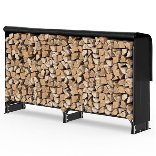 VOUNOT® Firewood Log Rack with Waterproof Cover, Metal Log Store Outdoor, 200 x 116 x 26 cm, Black