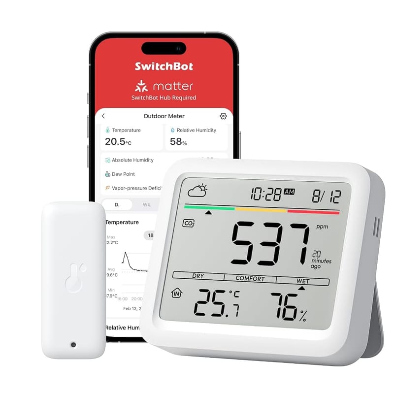 SwitchBot CO2 Detector with IP65 Hygrometer, Temperature & Humidity Monitor, Bluetooth CO2 Monitor, 2-Year Data Storage