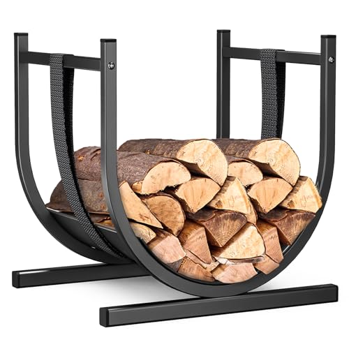 VOUNOT® Firewood Log Rack, Metal U-Shape Log Holder with Safety Strap Firewood Storage Stand for Fireplace, Indoor&Outdoor, 41 × 37 × 39.5 cm, Black