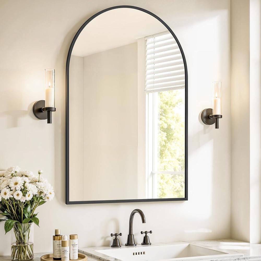 SONGMICS Bathroom Mirror, Wall Mounted Vanity Mirror, Arched, Aluminium Frame, 91 x 61cm, with Safety Film, Ink Black