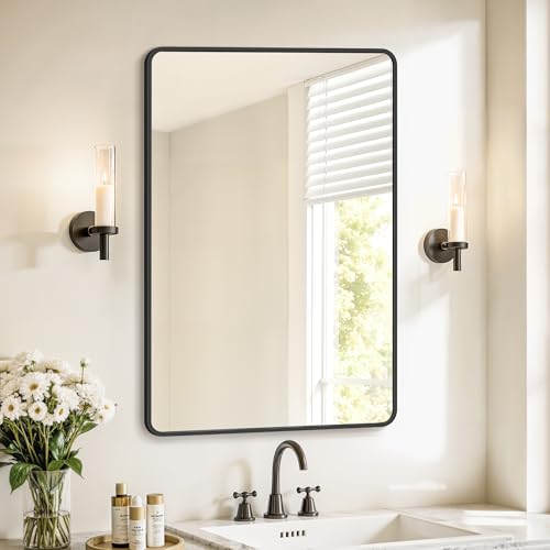 SONGMICS Bathroom Mirror, Wall Mounted Vanity Mirror, Rectangular, Aluminium Frame, 91 x 61 cm, with Safety Film, 2 Mounting Options, for Living Room, Bedroom, Bathroom, Ink Black LWM010BD01