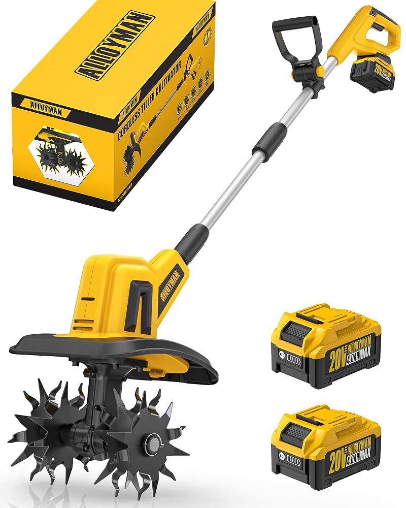 Alloyman 20V Cordless Tiller Cultivator, 360RPM Electric Garden Tiller, with 2 x 4.0Ah Batteries & Charger