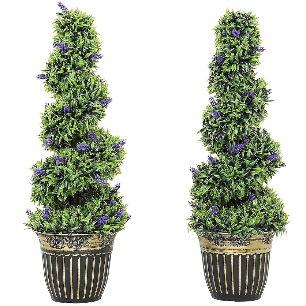 HOMCOM Decorative Artificial Plants Boxwood Spiral Topiary Trees, Set of 2, Potted Faux Greenery for Home and Patio