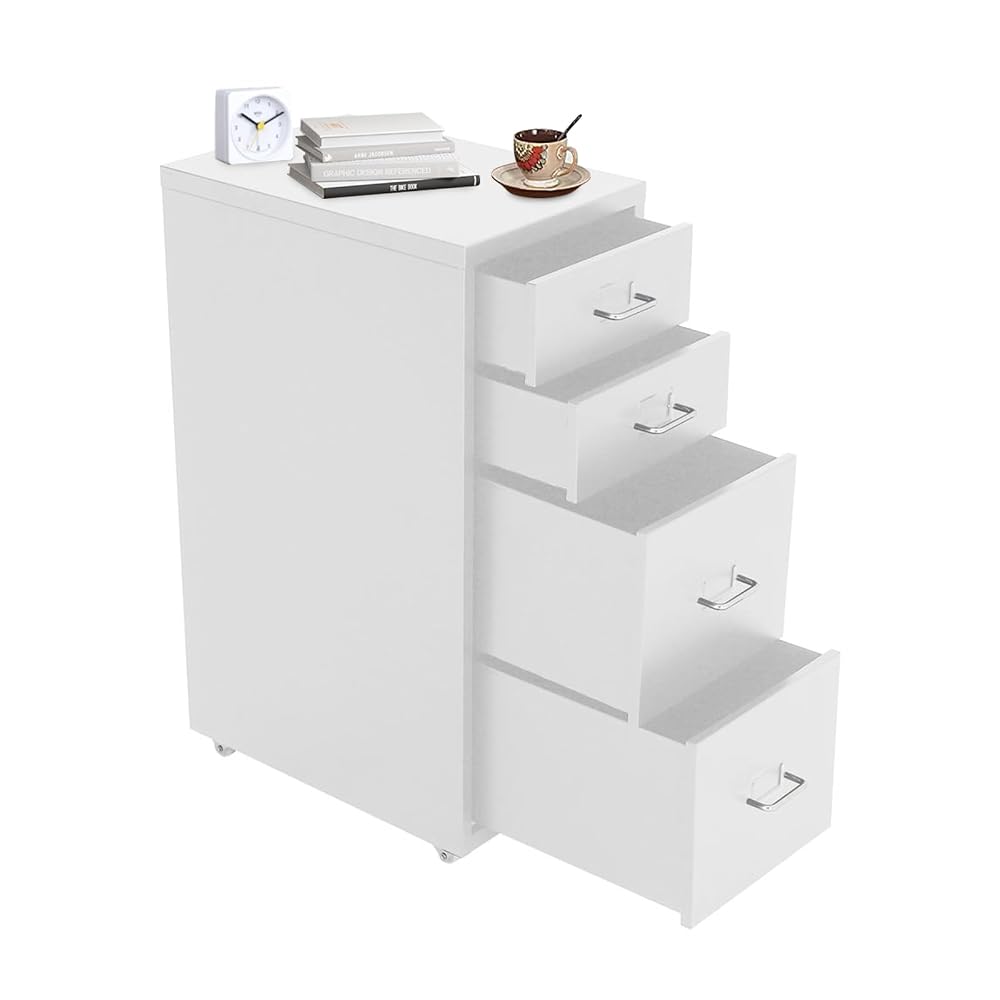 Warmiehomy 4 Drawer Filing Cabinet, Mobile Office Drawers on Wheels, Metal Document Storage, White