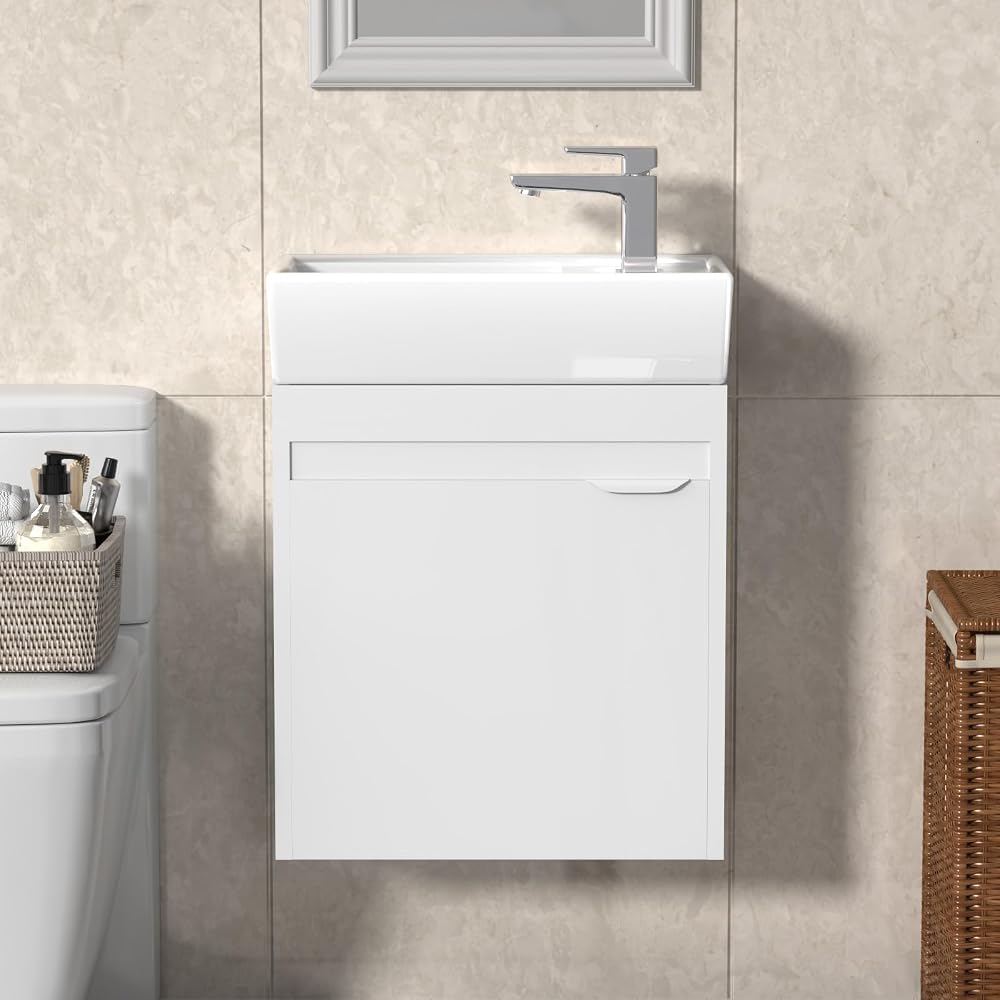 Bathroom Sink and Vanity Unit, 40cm Wall Mounted Cloakroom Vanity with Basin, Compact White Cabinet for Small Bathrooms or Guest WC