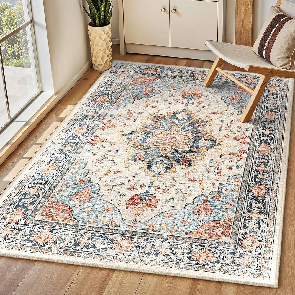 INOVADAY Machine Washable Rug 90x150cm, Vintage Area Rug, Low Pile Anti-Slip, Beige/Blue/Orange