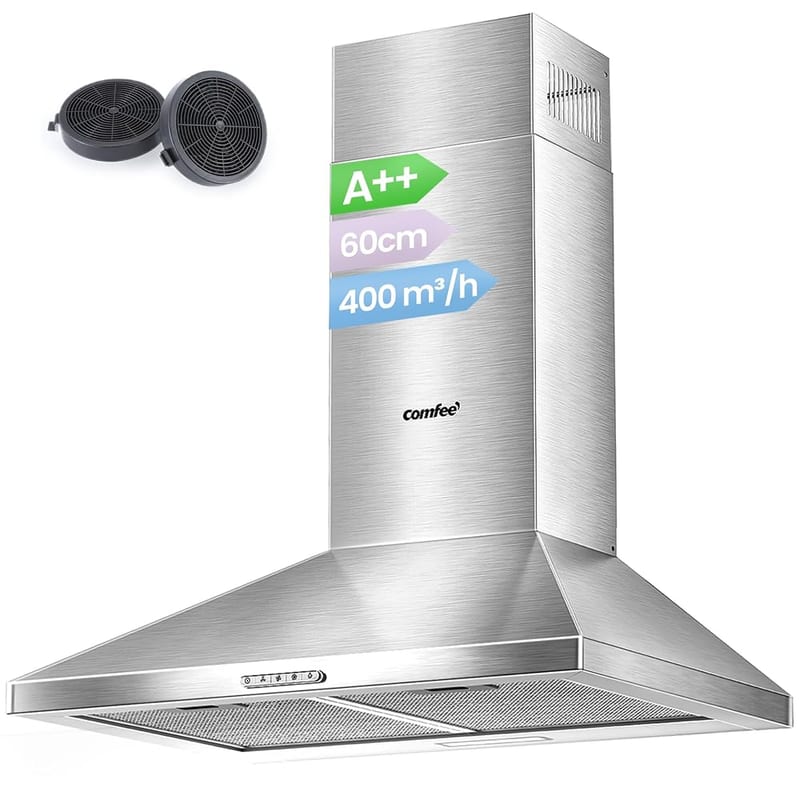 COMFEE' 60cm Chimney Cooker Hood, Class A++, 400m3/h Extractor Fan - Stainless Steel