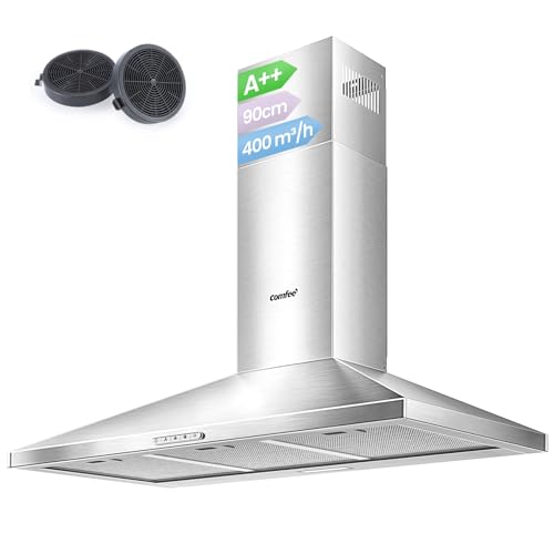 COMFEE' 90 cm Chimney Cooker Hood Class A++ Extractor Hood with LED and Recirculating & Ducting System Wall Mounted Range Hood 900 mm Extractor Fan kitchen with Carbon Filters