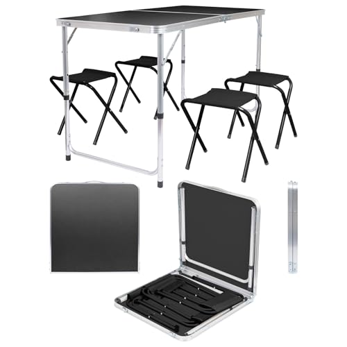 Harbour Housewares 120cm (4ft) Height Adjustable Aluminium Folding Picnic Table with 4 Chairs - Black - 4-Seater Foldable Portable Outdoor Garden Patio Camping BBQ Dining Trestle Furniture