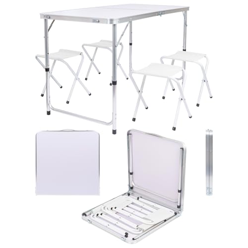Harbour Housewares 120cm (4ft) Height Adjustable Aluminium Folding Picnic Table with 4 Chairs - White - 4-Seater Foldable Portable Outdoor Garden Patio Camping BBQ Dining Trestle Furniture