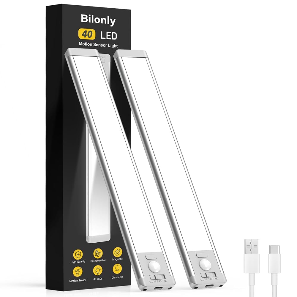 Bilonly Under Cabinet Kitchen Lights, 40 LED Rechargeable Motion Sensor Lights Indoor, Magnetic Dimmable Under Cupboard Lights (2 Pack)