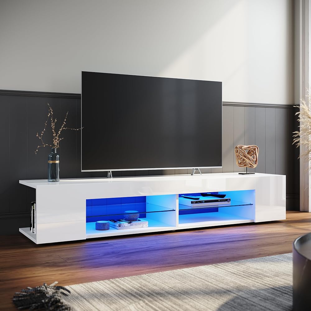 ELEGANT TV Stand Cabinet Unit with 16 RGB LED Lights, High Gloss White
