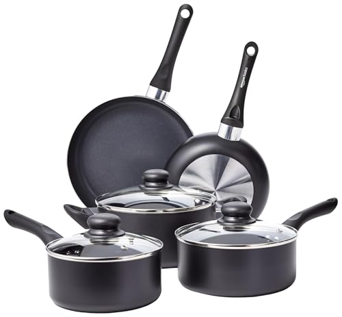 Amazon Basics Non-Stick Pot and Pan Set, Ceramic Cookware, Soft-Touch Handles, Spiral Bottom, 8-Piece, Black