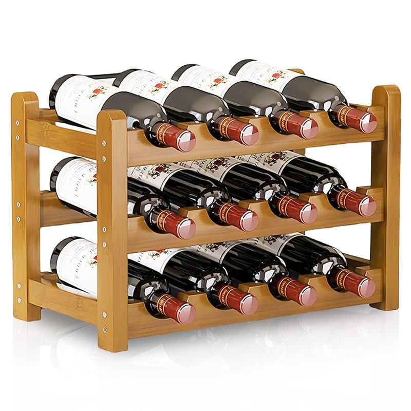 Wooden Wine Rack 12 Bottles Wine Storage Holder 3 Tier Wine Display Shelf | Free Standing Retro Wine Bottle Organiser for Cabinet Cupboard Countertop Kitchen Bar Cellar