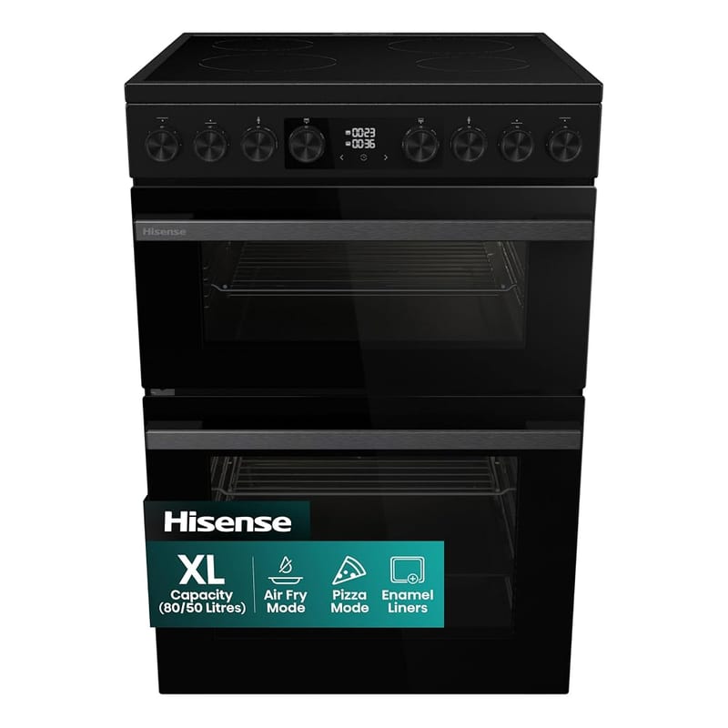 Hisense HDUKC60B 60cm Electric Cooker with Ceramic Hob, A Rated Double Oven, 50L/80L - Black