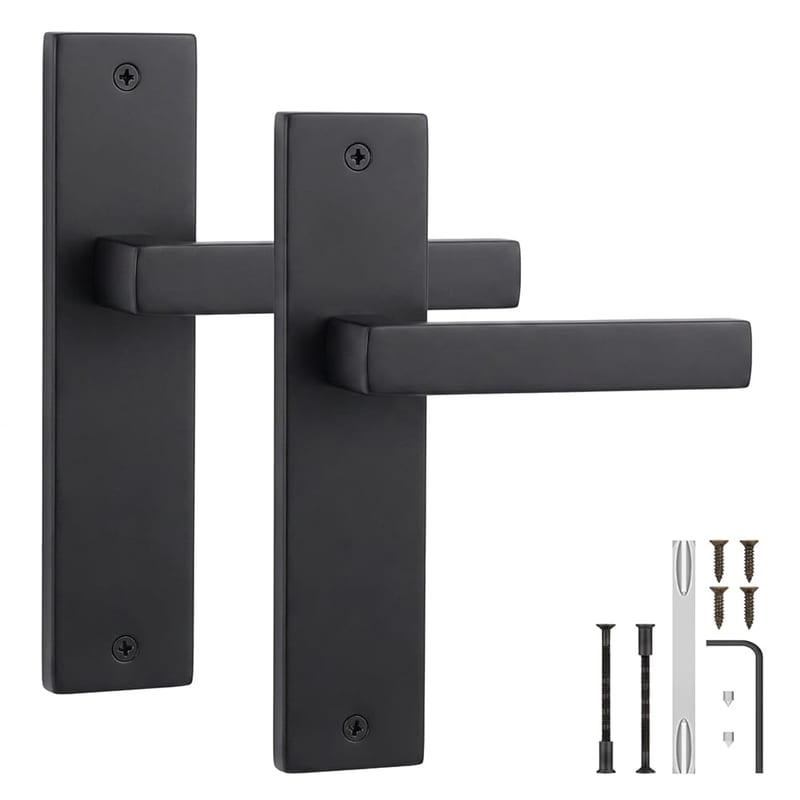 Decoranddecor Lumina Matt Black Internal Lever Door Handle Set with Rectangular Aluminium Backplate, Art Deco Inspired Design