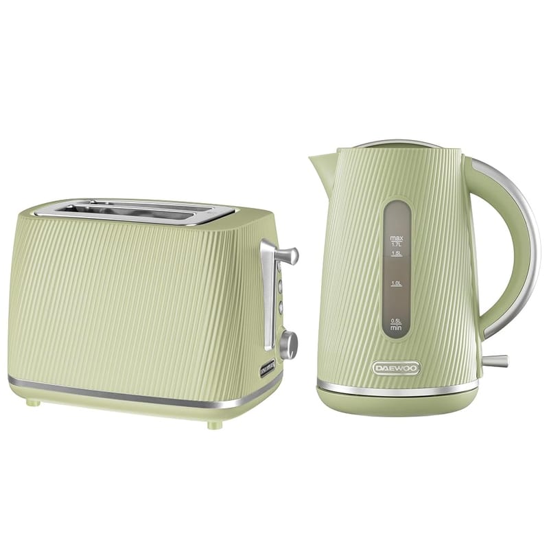 Daewoo Cascade Kettle & Toaster Set – 1.7L Rapid Boil Electric Kettle & 2 Slice Toaster Bundle – Sage Ribbed Finish, Adjustable Browning, Reheat & Defrost