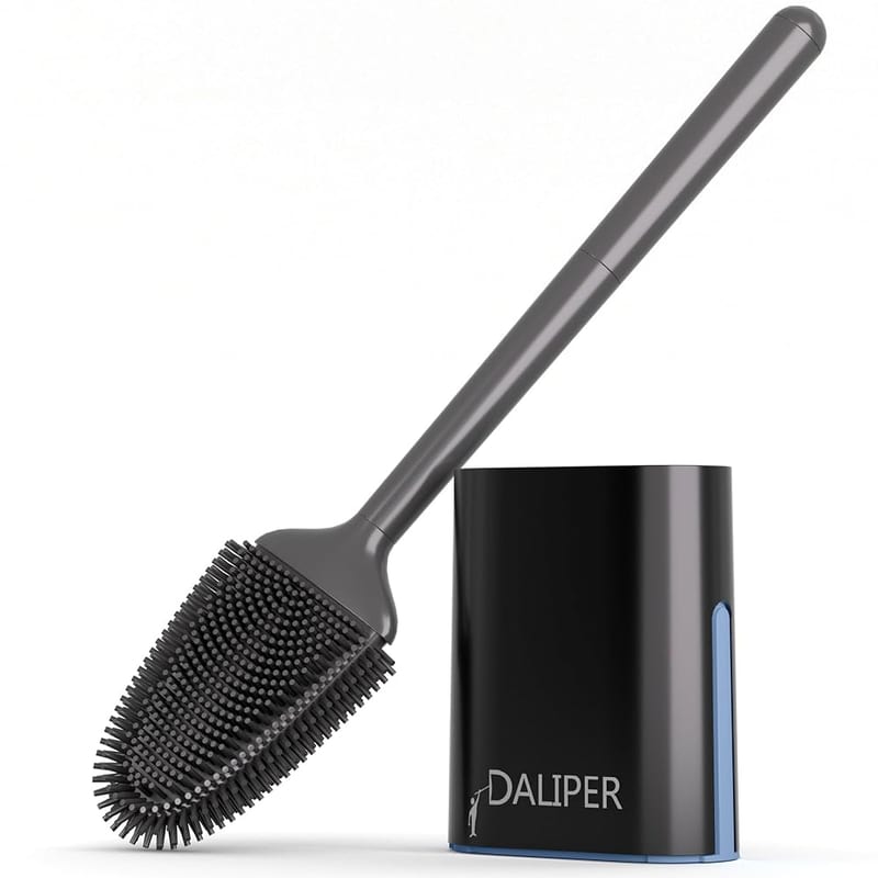 DALIPER Toilet Brush and Holder Set, Flexible Anti-Drip Silicone Head, Long Handle, Wall-Mounted Quick-Dry Base, Black