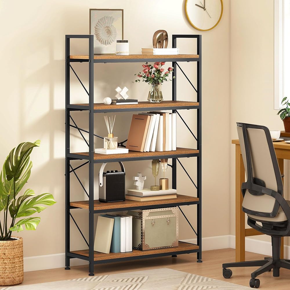 DWVO Bookcase 5 Tiers, Industrial Book Shelf 80cm Wide 158cm High, Wooden Shelf and Metal Shelving Unit