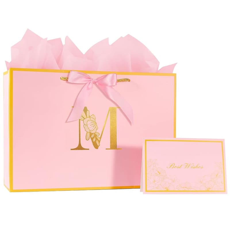 12.6in Large Pink Letter Gift Bag with Gift Card and Tissue Paper, for Birthdays or Any Occasion